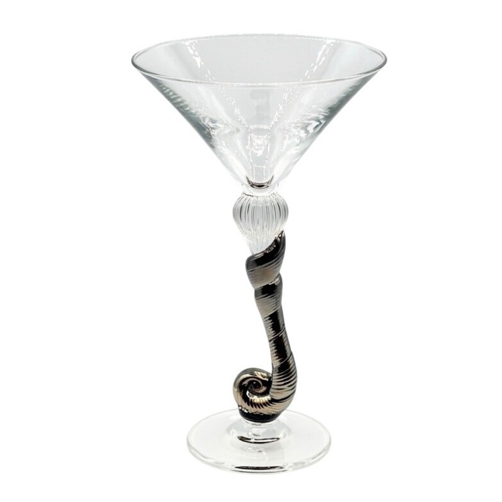 Ralph Lauren Signed Art Glass Martini Glass Gold Aventurine Scroll Stem Ribbed